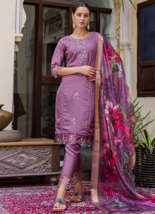 Embroidered Work Viscose Readymade Salwar Suit In Purple for Ceremonial
