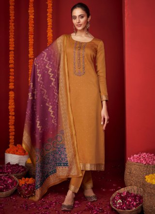Embroidered Work Viscose Salwar Suit In Mustard for Ceremonial