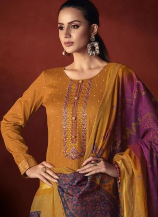 Embroidered Work Viscose Trendy Suit In Mustard