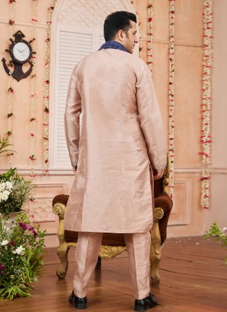 Enchanting Peach Art Banarasi Silk Kurta Pyjama with Patch Border Work