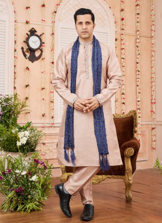 Enchanting Peach Art Banarasi Silk Kurta Pyjama with Patch Border Work