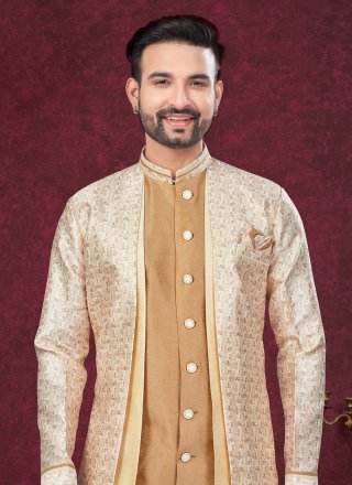 Energetic Beige and Gold Banarasi Silk Sherwani Mens Wear
