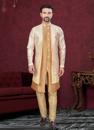 Energetic Beige and Gold Banarasi Silk Sherwani Mens Wear