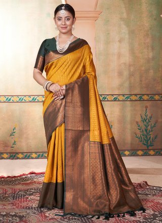 Engrossing Green and Mustard Kanjivaram Silk Classic Saree with Woven Work