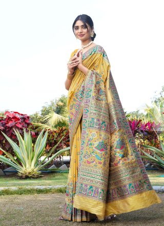 Engrossing Mustard Pure Silk Designer Sari with Weaving Work