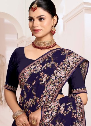 Enthralling Blue Georgette Designer Sari with Embroidered and Resham Work