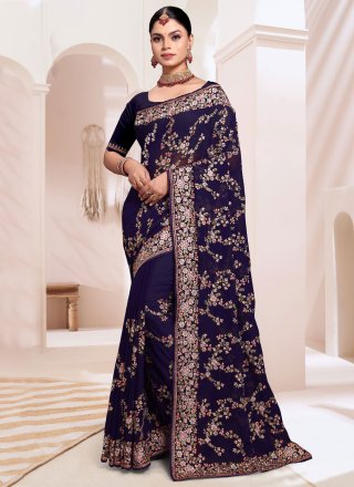 Enthralling Blue Georgette Designer Sari with Embroidered and Resham Work