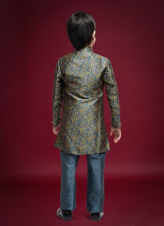Enthralling Grey Banarasi Jacquard Sherwani Kids Wear