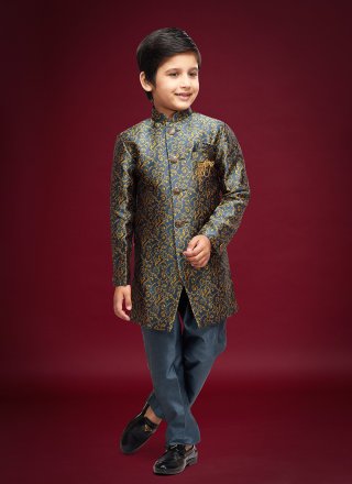 Enthralling Grey Banarasi Jacquard Sherwani Kids Wear