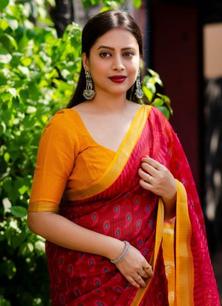 Enthralling Red and Yellow Polly Cotton Trendy Saree