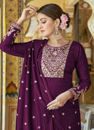 Enthralling Wine Silk Trendy Suit with Embroidered, Thread and Zari Work