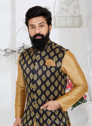Entrancing Black Banarasi Silk Nehru Jackets with Print Work