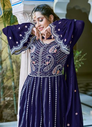 Entrancing Blue Faux Georgette Trendy Suit with Embroidered and Thread Work