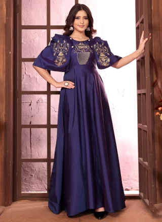 Especial Blue Silk  Designer Gown with Embroidered Work