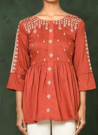 Exceeding Red Viscose Casual Kurti with Embroidered Work