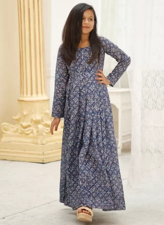 Excellent Blue and Grey Faux Georgette Gown Kids Wear with Digital Print Work