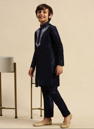 Excellent Blue Dupion Silk Kurta Pyjama with Embroidered Work