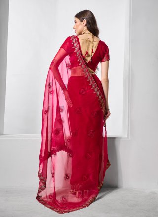 Excellent Red Chiffon Trendy Saree with Embroidered Work