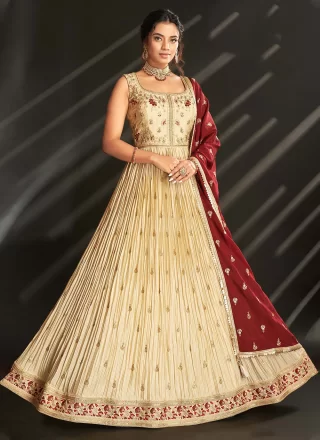 Exceptional Beige Silk Indian Gown with Embroidered and Sequins Work