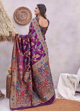 Exceptional Purple Silk Blend Trendy Saree with Jacquard and Woven Work