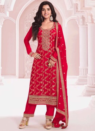 Exceptional Red Viscose Pant Style Suit with Embroidered and Jacquard Work