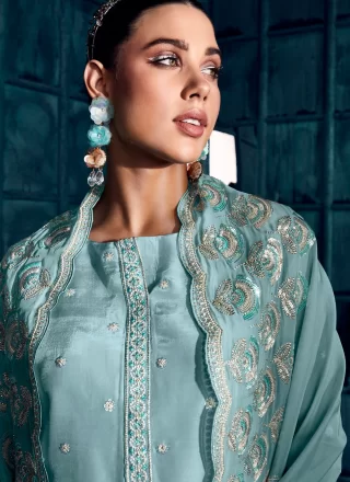 Exceptional Turquoise Silk Salwar Suit with Embroidered and Sequins Work
