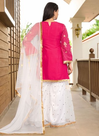 Exquisite Pink and Rani Cotton Silk Readymade Salwar Suit with Embroidered and Zari Work