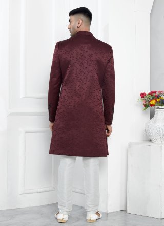 Exquisite Wine Art Silk Sherwani Mens Wear with Embroidered Work