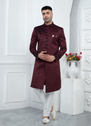 Exquisite Wine Art Silk Sherwani Mens Wear with Embroidered Work