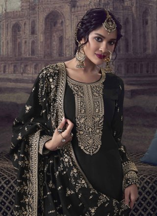 Exuberant Black Georgette Palazzo Salwar Suit with Embroidered and Zari Work