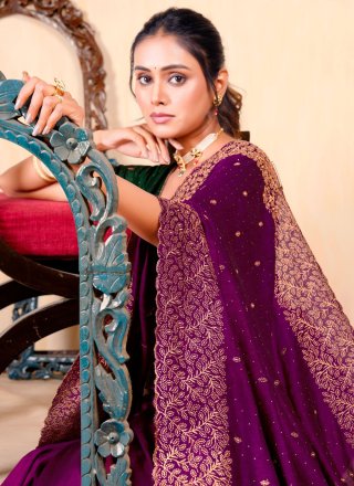 Exuberant Purple Vichitra Silk Trendy Saree with Embroidered Work
