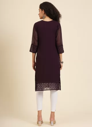 Exuberant Wine Georgette Casual Kurti with Chikankari, Embroidered and Lucknowi Work Work