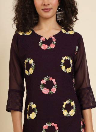 Exuberant Wine Georgette Casual Kurti with Chikankari, Embroidered and Lucknowi Work Work