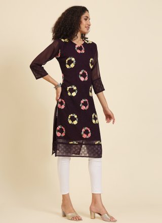 Exuberant Wine Georgette Casual Kurti with Chikankari, Embroidered and Lucknowi Work Work