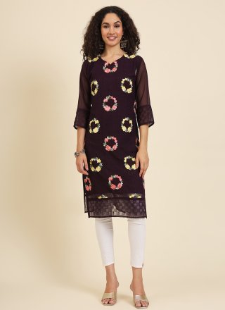 Exuberant Wine Georgette Casual Kurti with Chikankari, Embroidered and Lucknowi Work Work