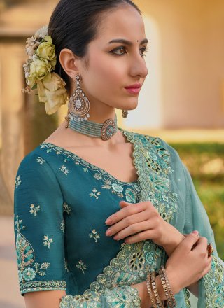 Eye-Catchy Aqua Blue Organza Classic Saree with Cut, Embroidered and Sequins Work