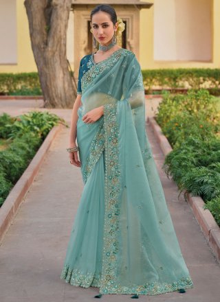 Eye-Catchy Aqua Blue Organza Classic Saree with Cut, Embroidered and Sequins Work