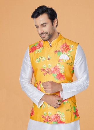 Eye-Catchy Mustard Cotton Nehru Jackets with Digital Print Work
