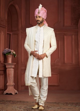 Fab Cream and Pink Pure Silk Sherwani Mens Wear with Embroidered, Hand and Sequins Work