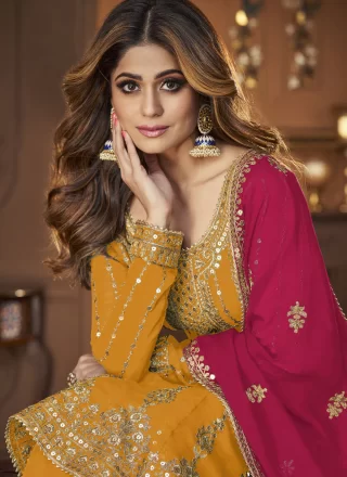 Fab Mustard Georgette Lehenga Choli with Embroidered and Sequins Work