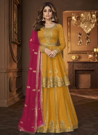 Fab Mustard Georgette Lehenga Choli with Embroidered and Sequins Work