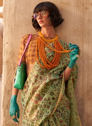 Fabulous Green Tissue Classic Saree with Print Work