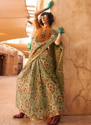 Fabulous Green Tissue Classic Saree with Print Work