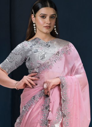 Fabulous Pink Satin Silk Trendy Saree with Sequins and Thread Work