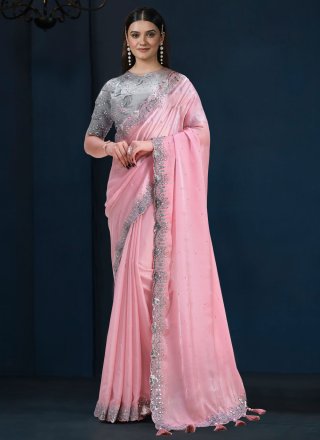 Fabulous Pink Satin Silk Trendy Saree with Sequins and Thread Work