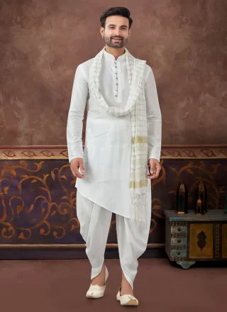 Fancy and Plain Work Art Silk Dhoti Kurta In Off White