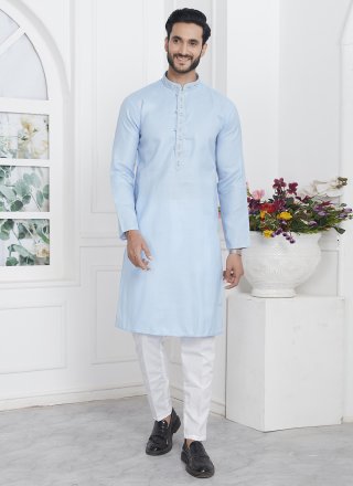 Fancy and Plain Work Cotton Kurta Pyjama In Aqua Blue