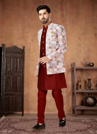 Fancy and Print Work Cotton Indo Western In Maroon