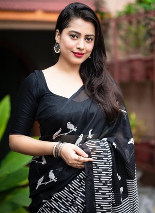 Fancy and Print Work Silk Blend Trendy Saree In Black