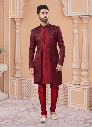 Fancy and Thread Work Jacquard Indo Western Sherwani In Maroon